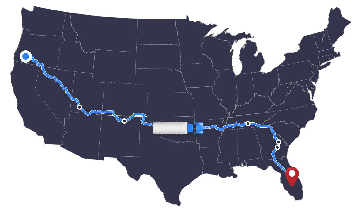 Hauling a delivery truck across the U.S. on a route from California to Florida, illustrated on a detailed map with a marked path highlighting logistics and transportation routes.