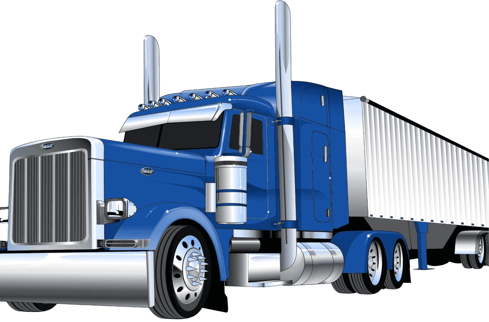 A detailed illustration of a large blue semi-truck with a white cargo trailer, featuring chrome exhaust stacks and aerodynamic design.
