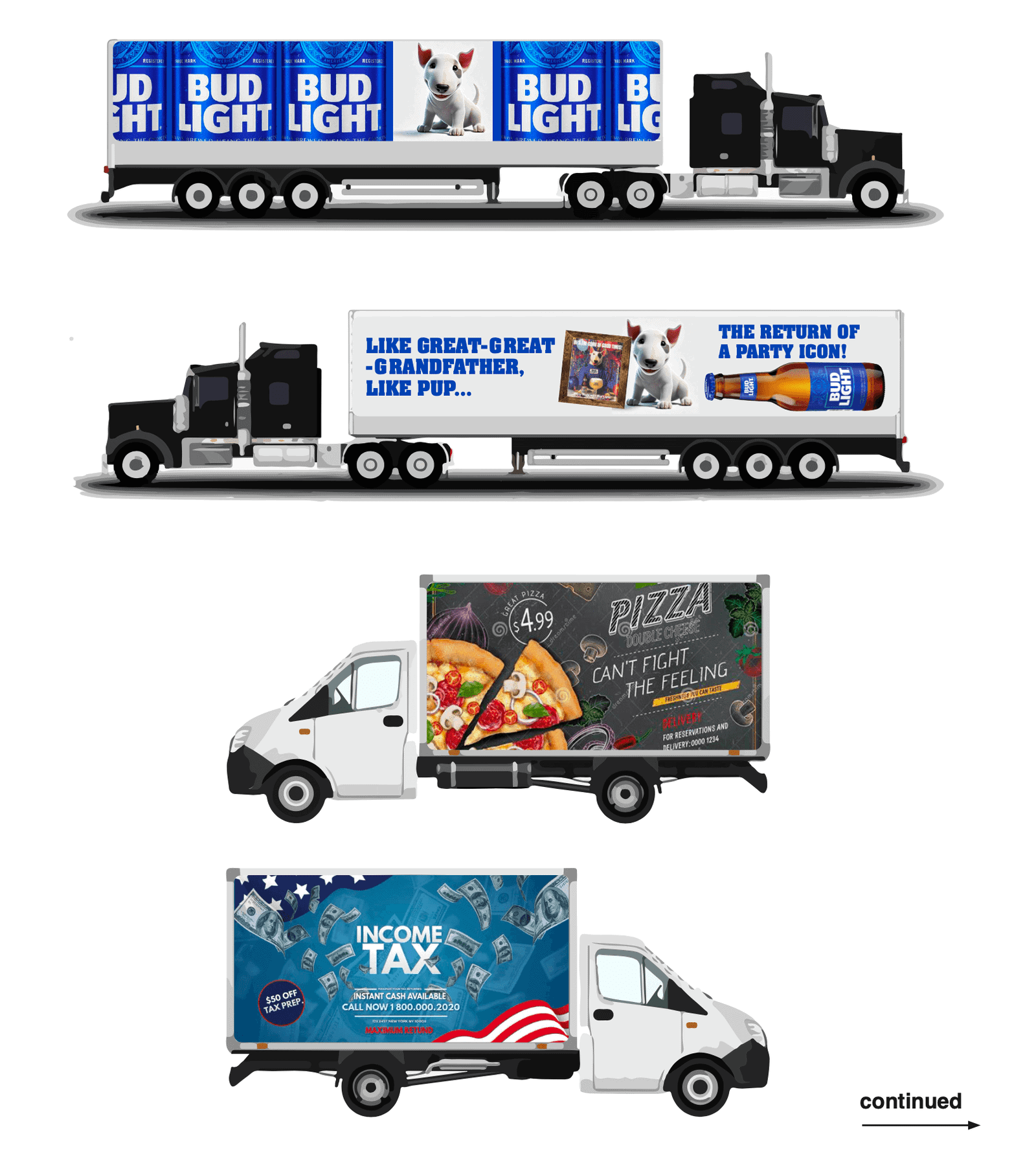 Four tractor trailer billboard mockups featuring bold ad designs for a beer brand, a pizza company, an income tax service, and a custom campaign. Trailers are shown side-by-side to showcase visual variety and messaging impact.