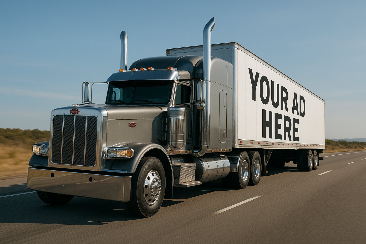 Peterbilt semi truck with a trailer billboard reading ‘YOUR AD HERE